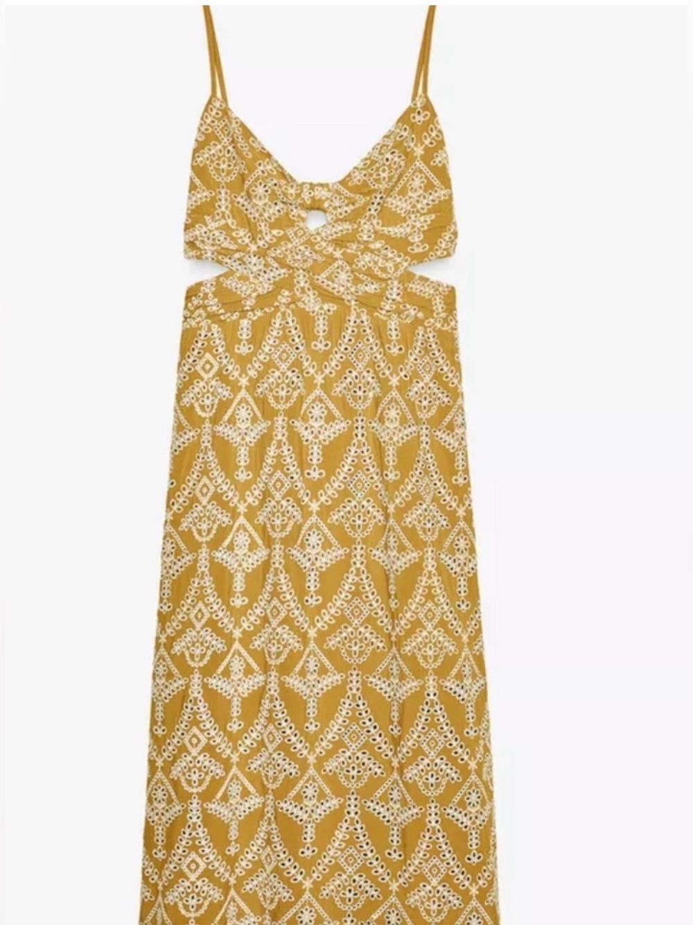 ZARA Eyelet Cutout Midi Dress – Golden Marigold | 100% Cotton | Size S | NWT